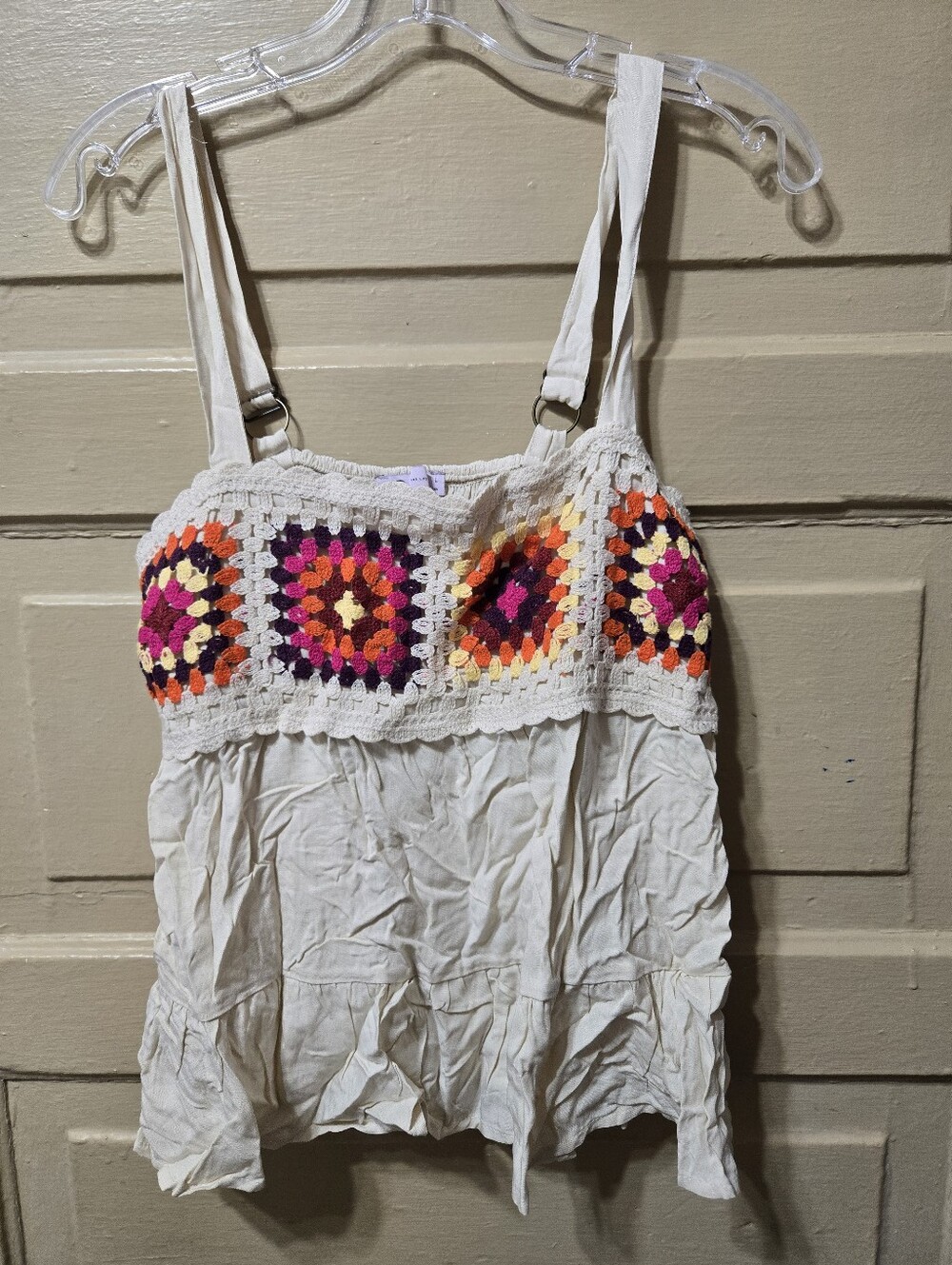 SO Granny Square Tan Boho Festival Tank  Top GUC Size: Large